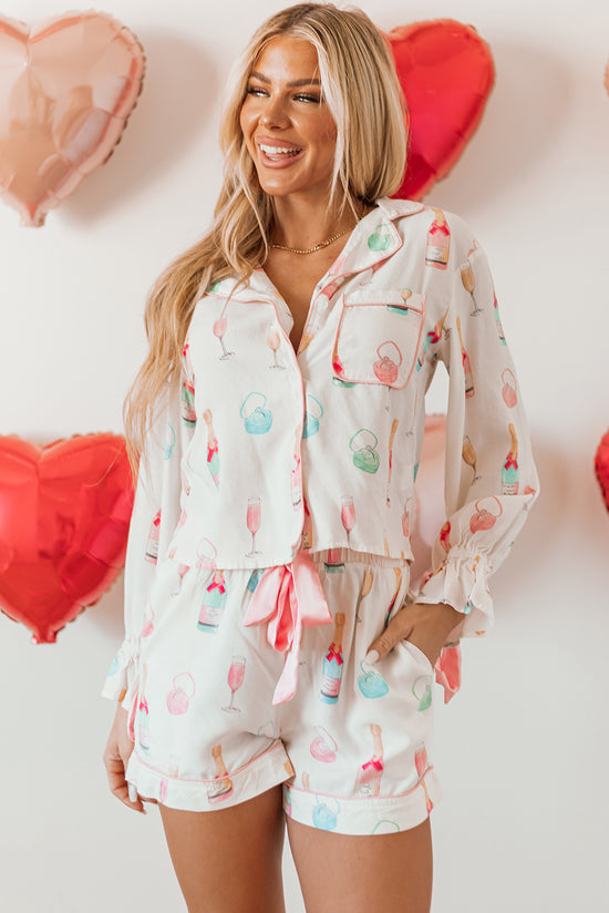 Two -piece white pajama set with wine glass print and Christmas butterfly knot