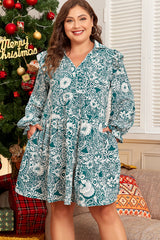 Green floral dress with crazy sleeves and split collar, large size