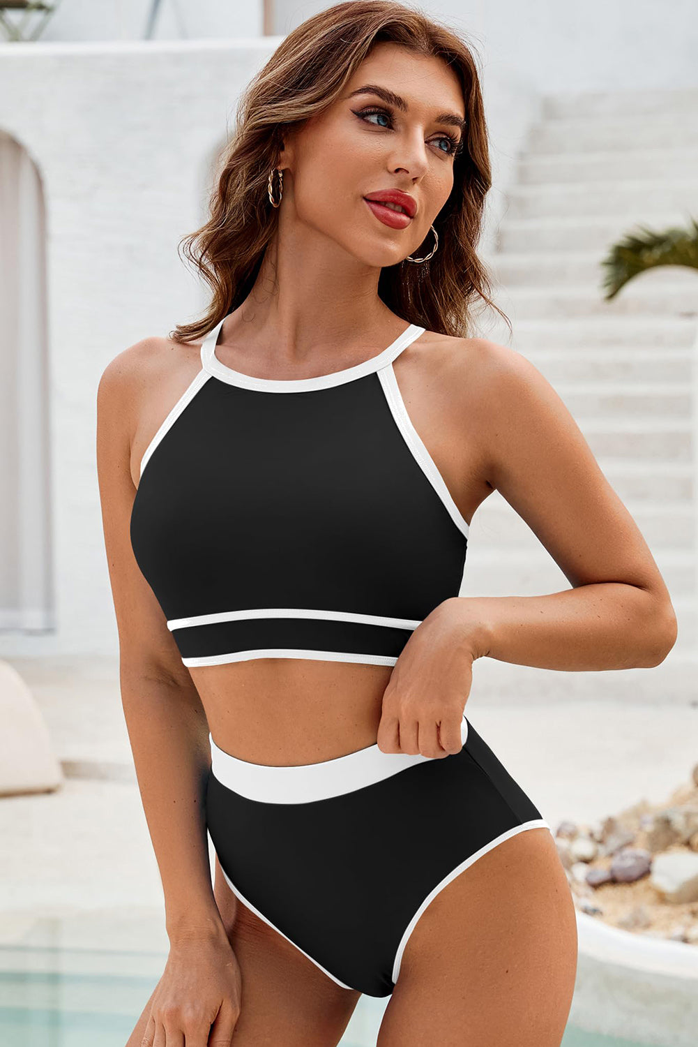 Black Contrast Trim Crisscross Back High Waited Bikini