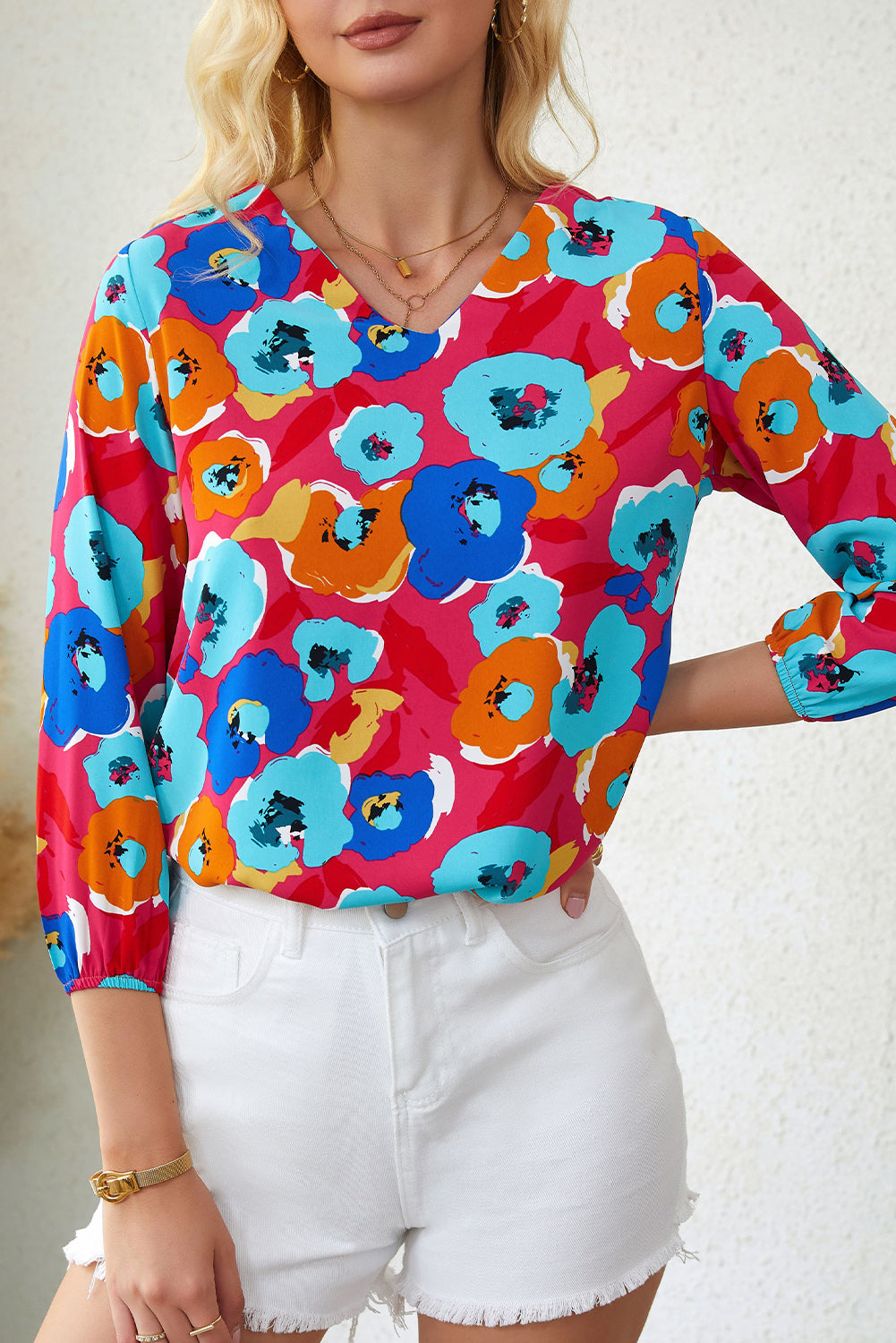 Rose Multicolor Floral Print V Neck 3/4 manga blusa