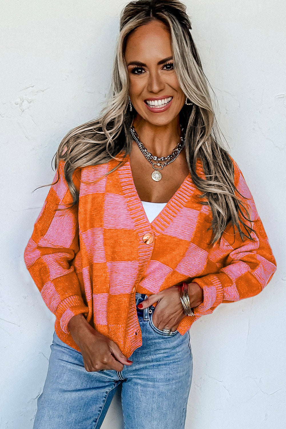 Orange Plaid Drop Shoulder Button Up V Neck Cardigan