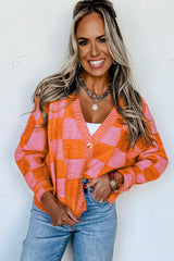 Cardigan orange à carreaux et épaules tombantes boutonné à col en V-A WOMAN WE LOVE