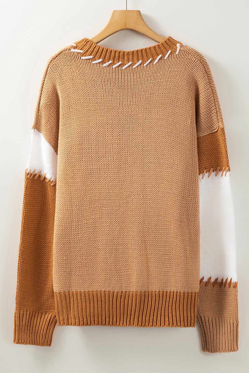 Leichter französischer Beige Farbblock Kontraststich übergroßer Pullover