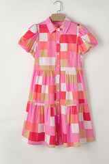 Pink Plaid Print Puff Sleeve Buttoned Ruffle Dress
