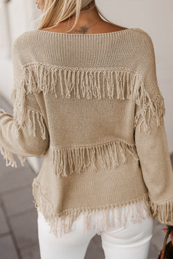 Boho Khaki Fringed Knitted Sweater