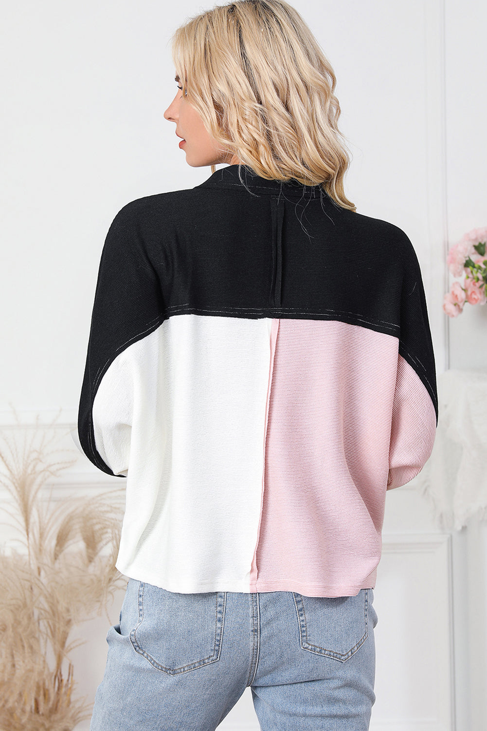 Multi-colored Henley Neck Top with Color Block Flap Pockets