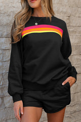Casual two piece set black striped sweater and shorts