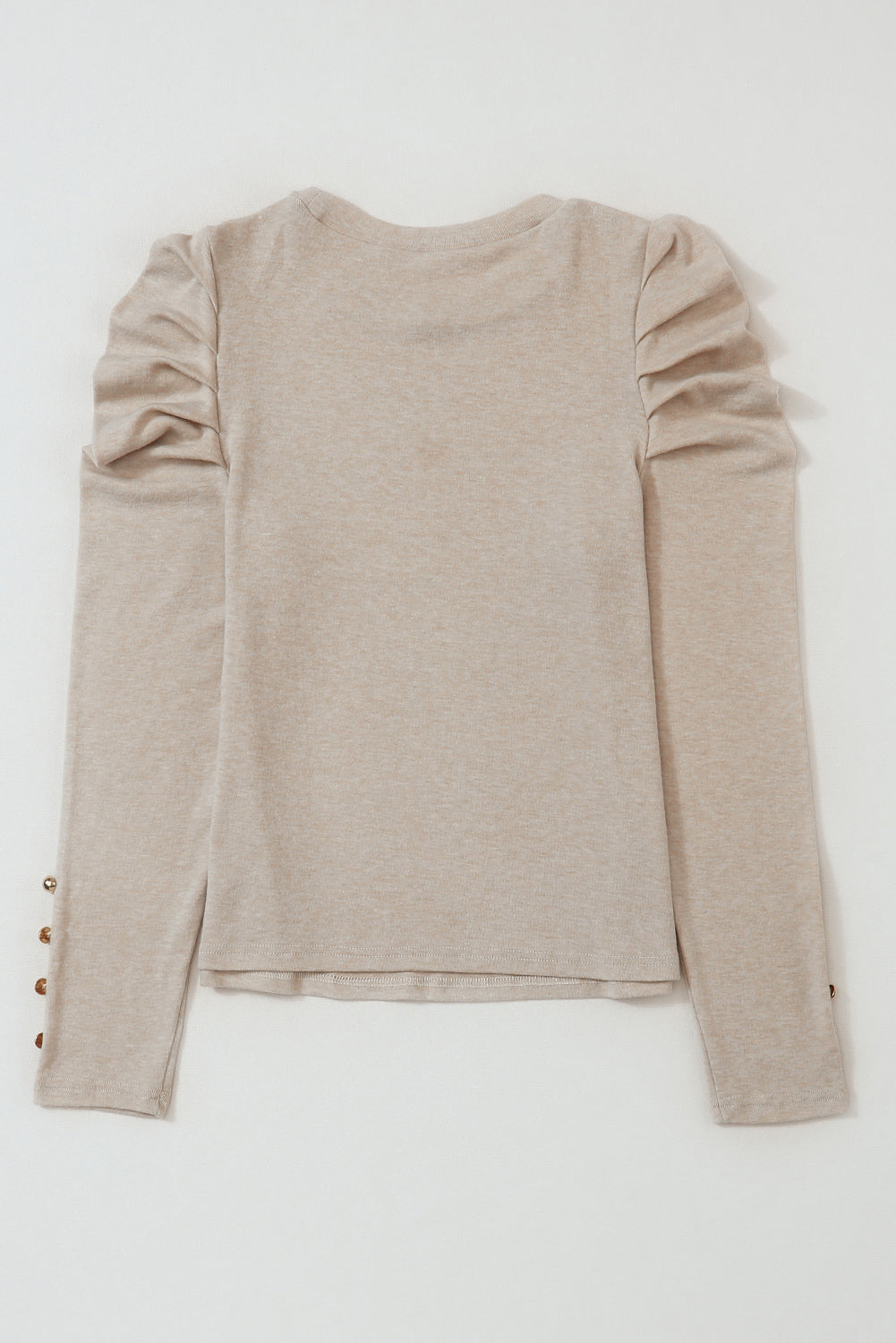Khaki buttoned sheath top with long puff sleeves
