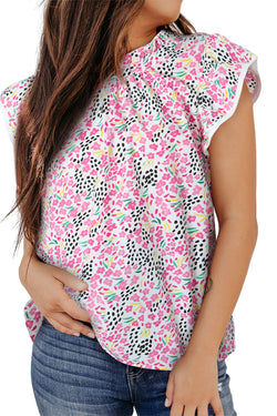 Top rosa con mangas flotantes y collar vertical con estampado abstracto multicolor