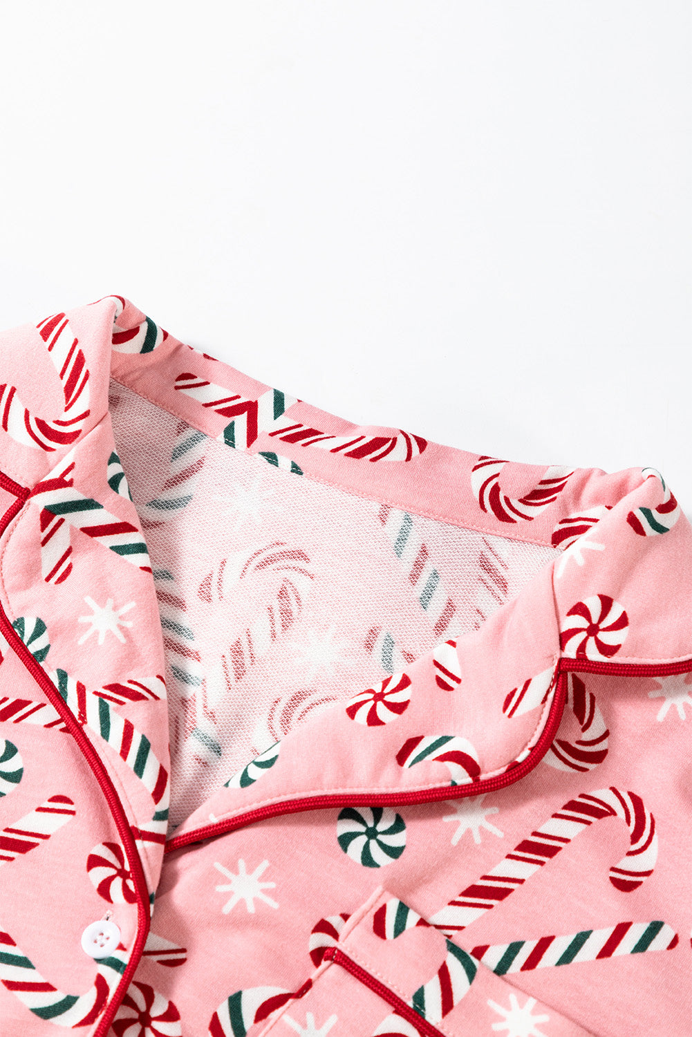 Pink Weihnachtsbonbon -Rohrstock -Drucken -Lapel -Kragenhemd und Hosen zweiteilige Pyjamas Set