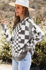 Pull gris à carreaux bicolores et col rond