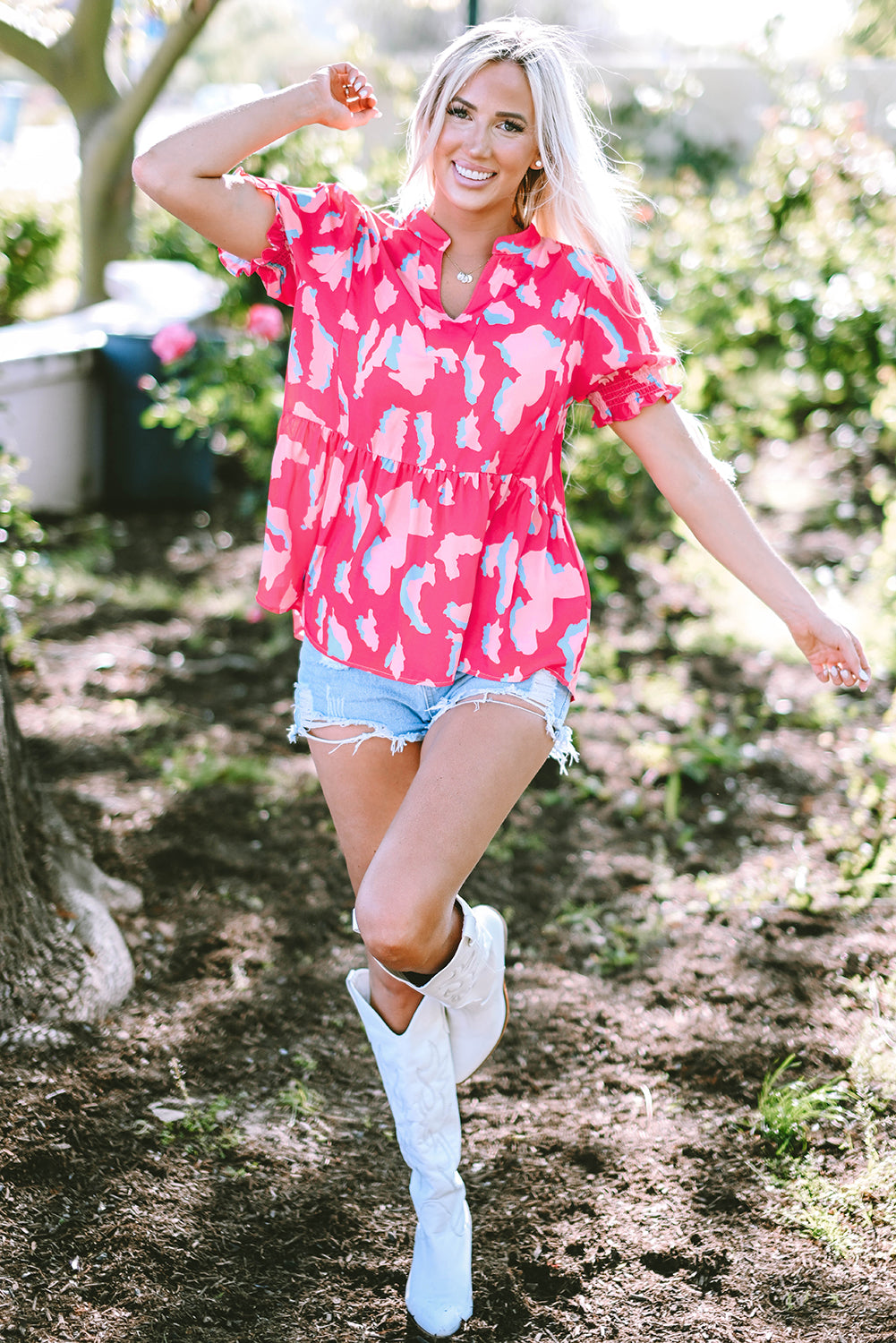 Rose Abstract Print Blouse à manches bouffantes smockée