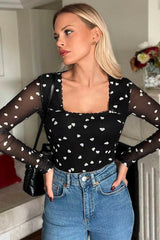 Body noir à col carré et patchwork en maille en forme de cœur-A WOMAN WE LOVE