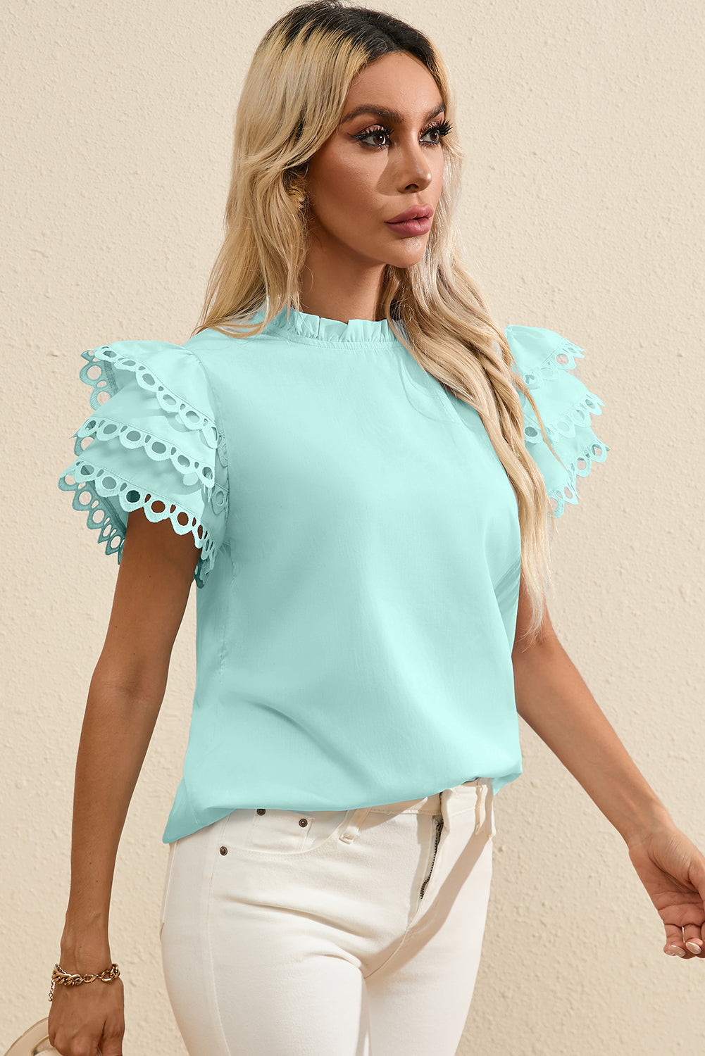 Mint Green Layered Ric Rac Cap Sleeve Frilled Neck Blouse