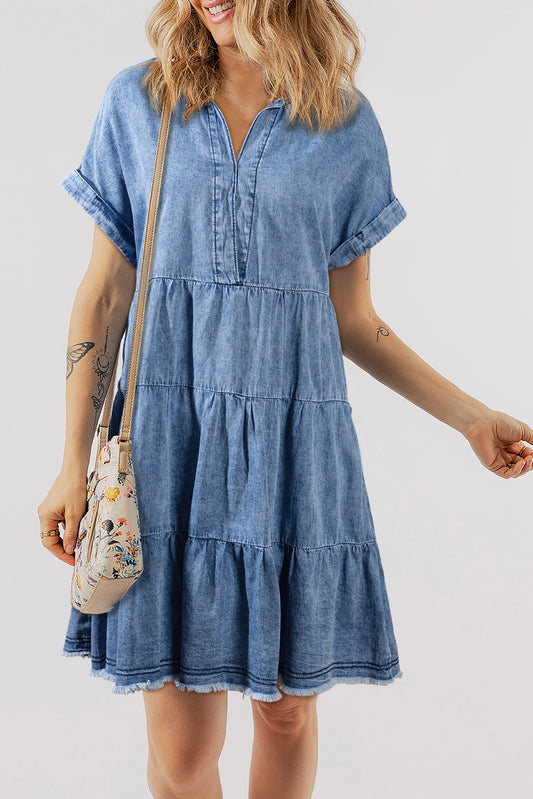 Robe de jean à niveau du cou à couche en V Sky