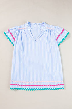 Ricrac striped blue striped blouse and split collar, ruffle sleeves