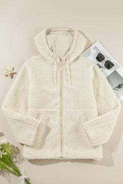 Beige fleece jacket with zipper and drawstring and hooded pockets