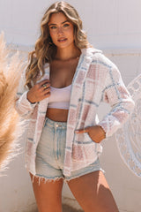 Sherpa jacket with turndown collar and multi-colored plaid print