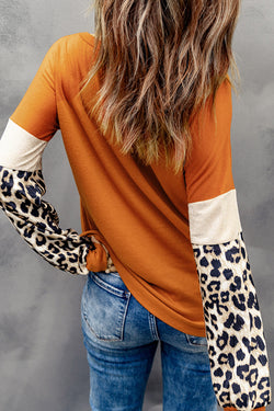 Brown long sleeve top with leopard sequin patchwork