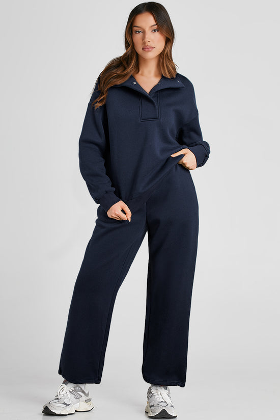 Ensemble sweat-shirt à col de couleur unie et pantalon taille haute bleu marine