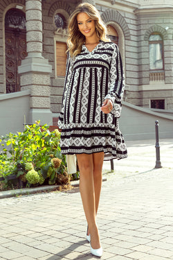 Black Boho Geometric Print Long Sleeve Flare Mini Dress