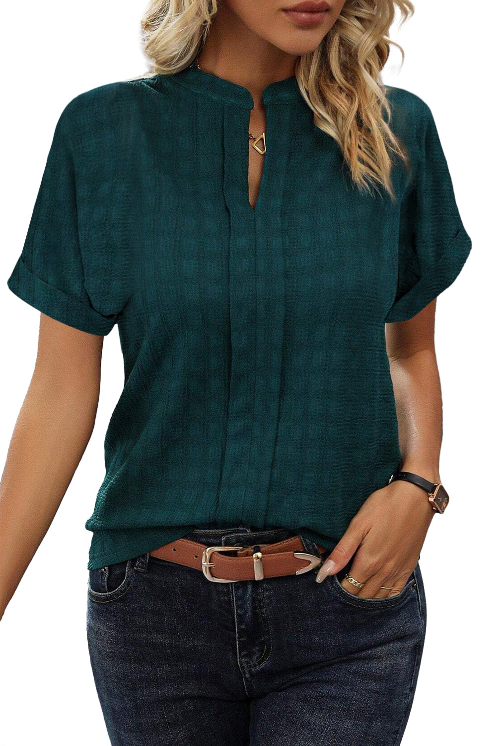 Sea Green Solid Textured Split Cuello corto Blusa de manga