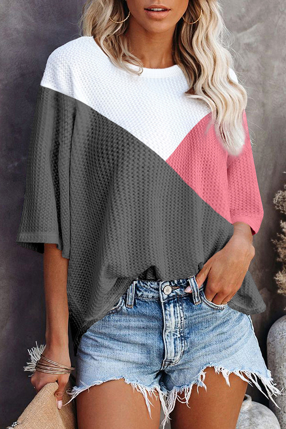 Camiseta con manga de largo larga en el bloque de color de tejer encarnado Strawberry