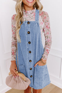 Short denim dress with wide suspenders *