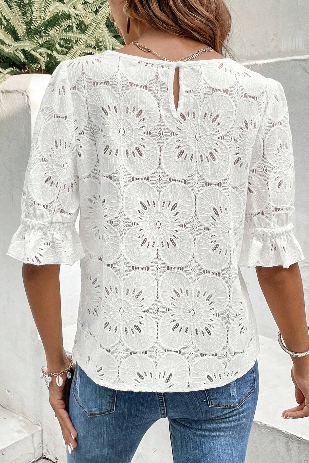 White with ruffle sleeves and jacquard lock hole with eyelets and flowers