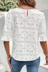 White with ruffle sleeves and jacquard lock hole with eyelets and flowers