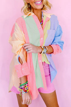 Oversize pink shirt with stripes and color blocks with chest pocket