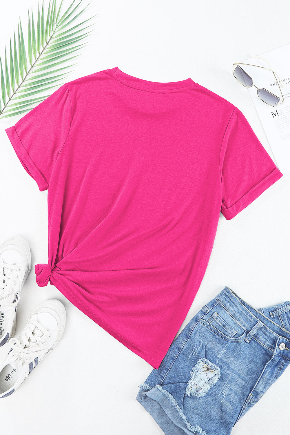 Rose Red Casual Plain Crew Neck T -Shirt