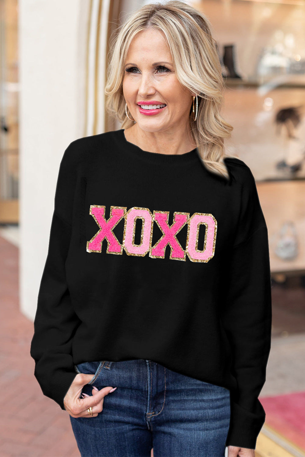 Black xoxo paillette imprimé coul rond pull décontracté