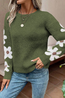 Moss green sweater with dropped shoulders and floral sleeves