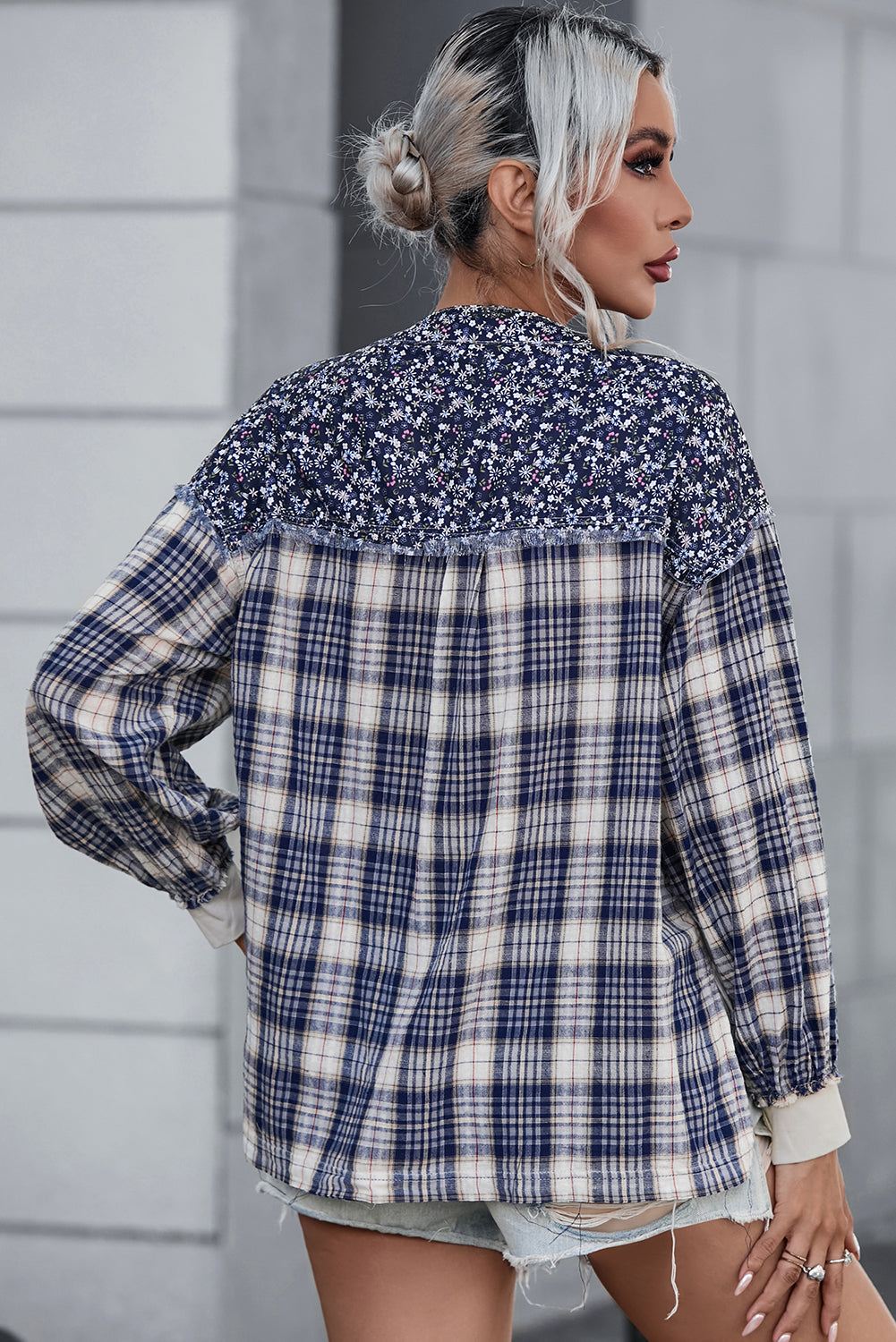 Blue Floral Plaid Mixed Print Bishop Sleeve Patchwork Top