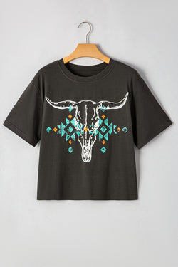 T-shirt graphique vintage gris carbone avec tête de taureau *