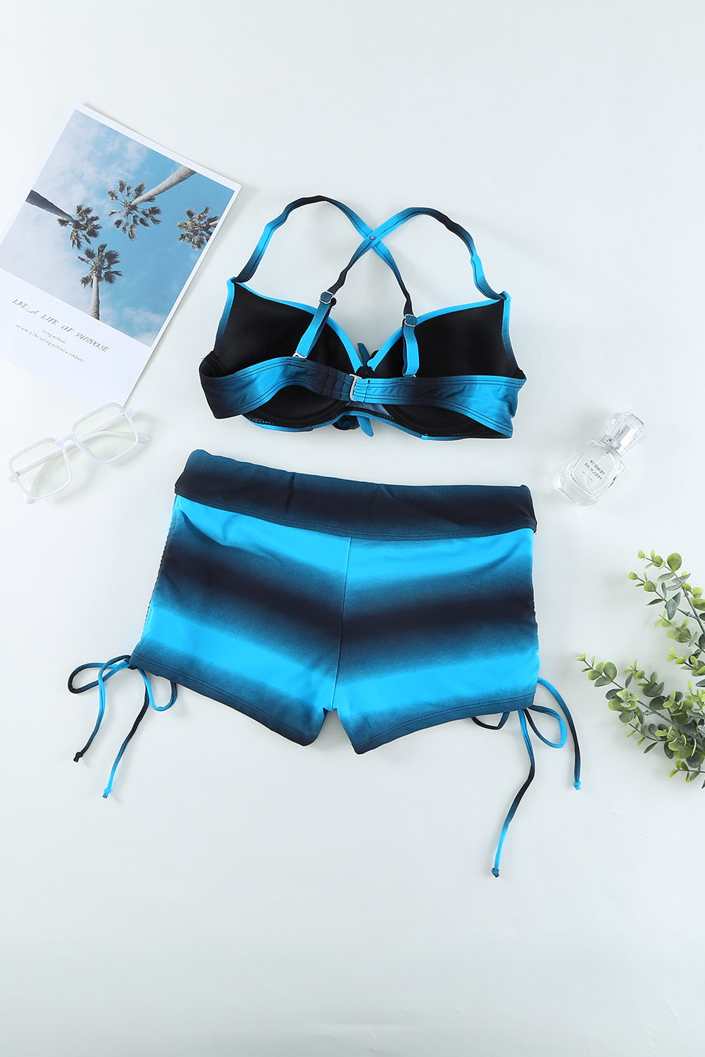 Blue Black Ombre ombre Push Up Bikini et Boardshort