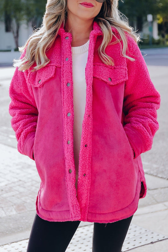 Veste boutonnée patchwork sherpa en faux suède rose vif