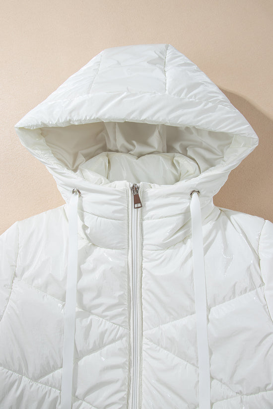 White Solid Quilted Hooded Zip Up Puffer Coat