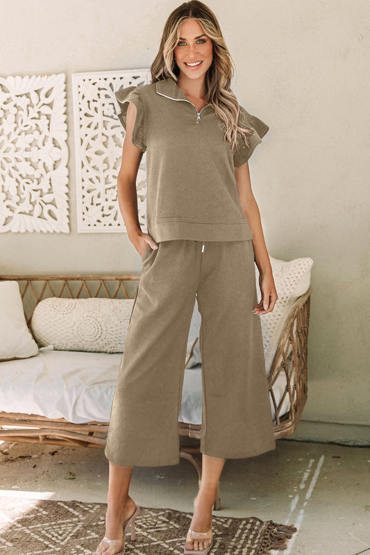 Pale Khaki Textured Top and Wide Leg Pants Set with Flutter Sleeves