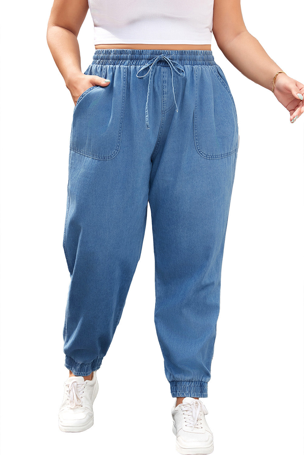 Pantalon de jogging en denim bleu crépuscule avec poches à la taille et cordon de serrage de grande taille