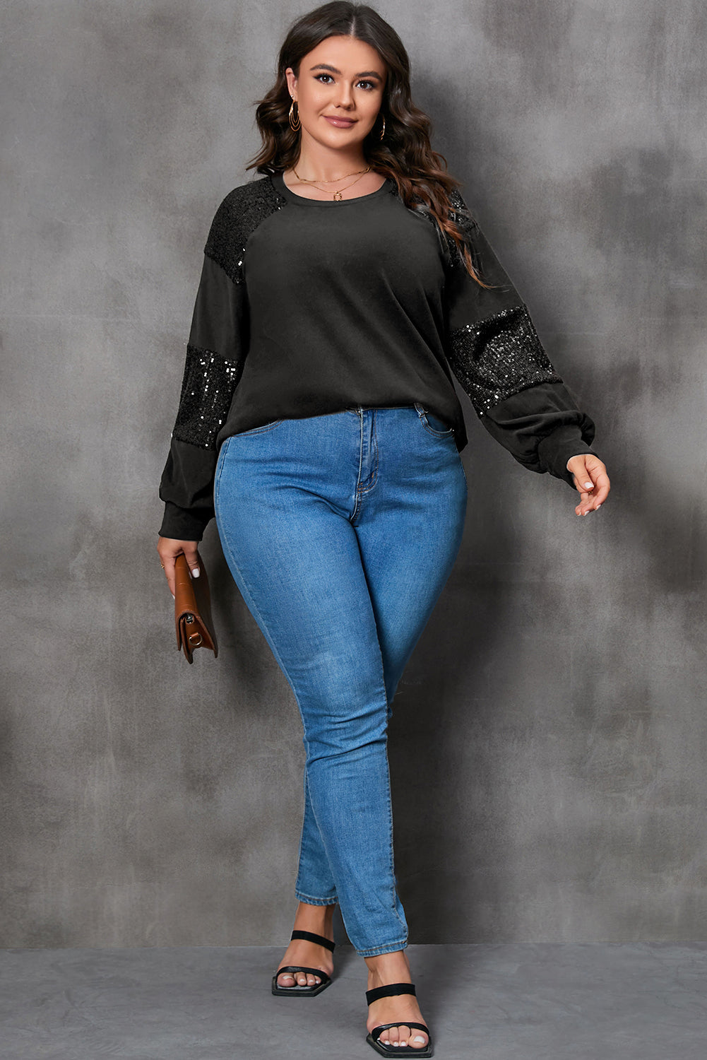 Black Plus size Patchwork Crew Neck Long Sleeve Top