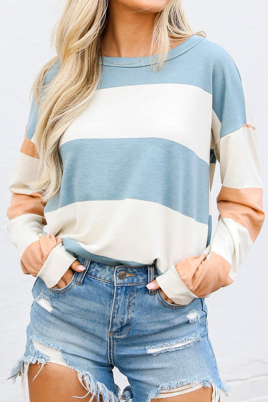 Light Blue Color Block Striped Drop Shoulder Long Sleeve Top