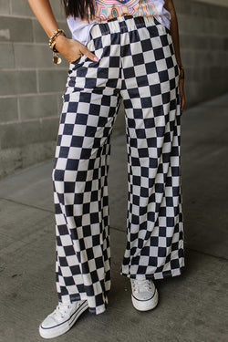 Large high waist pants black with two -color tiles *