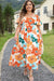 Vestido largo naranja con estampado floral grande con ceño en cuello cuadrado