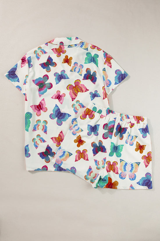 Short sleeve shirt set with multicolored butterfly pattern