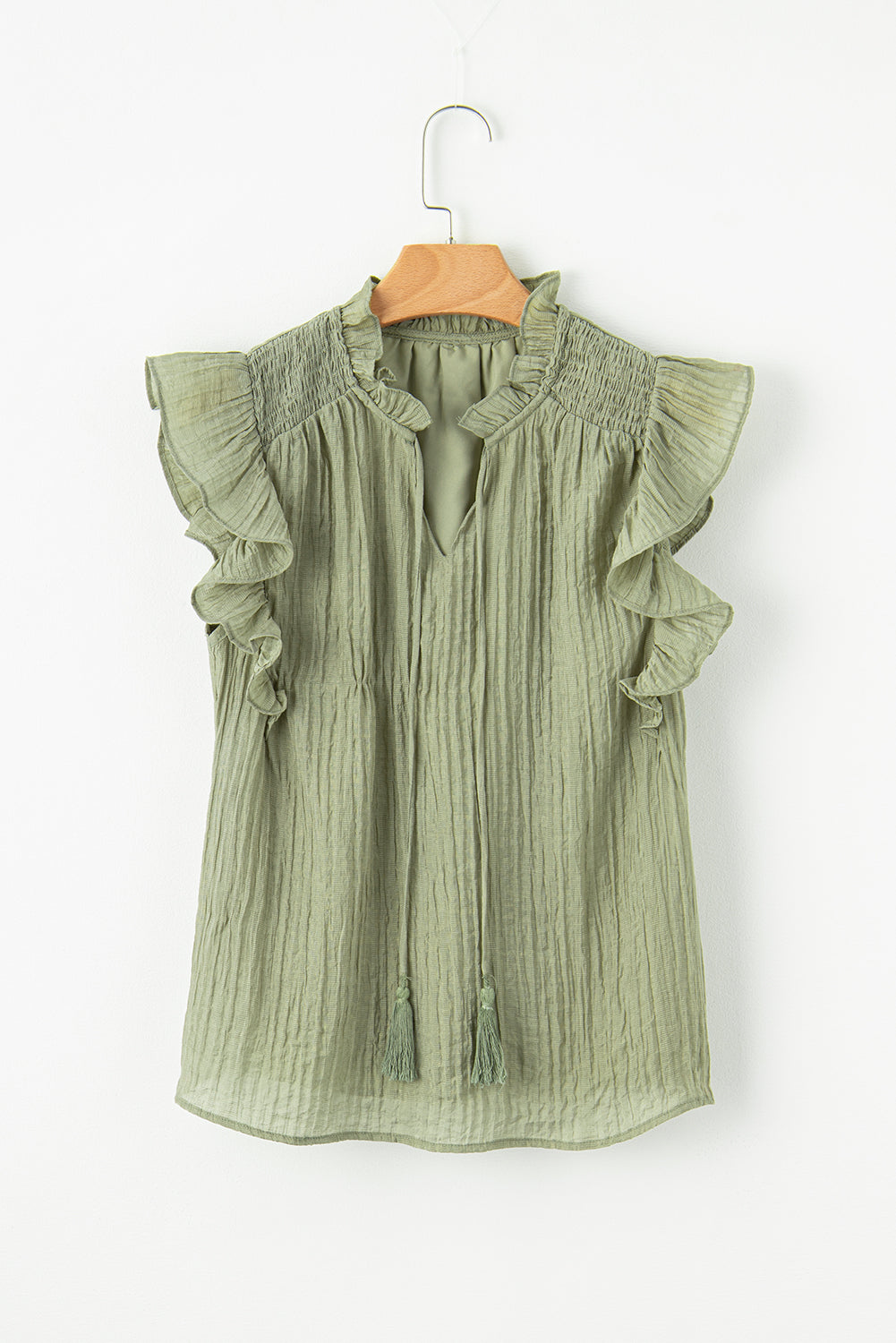 Meadow Mist Green V Neck Flutter manga blusa texturizada