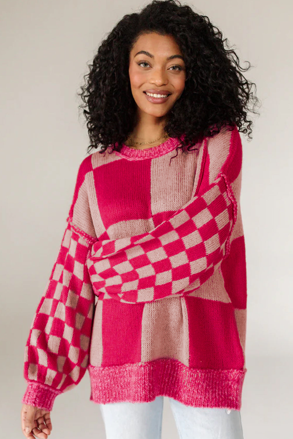 Pull ample à motif à carreaux mélangés Rose rouge, épaules tombantes