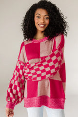 Pull ample à motif à carreaux mélangés Rose rouge, épaules tombantes