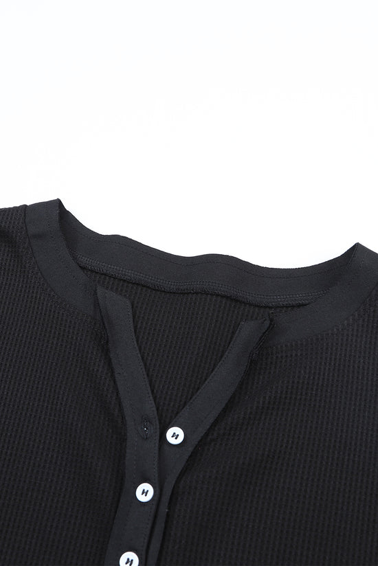 Black Waffle Knit Henley Top with Bound Neckline